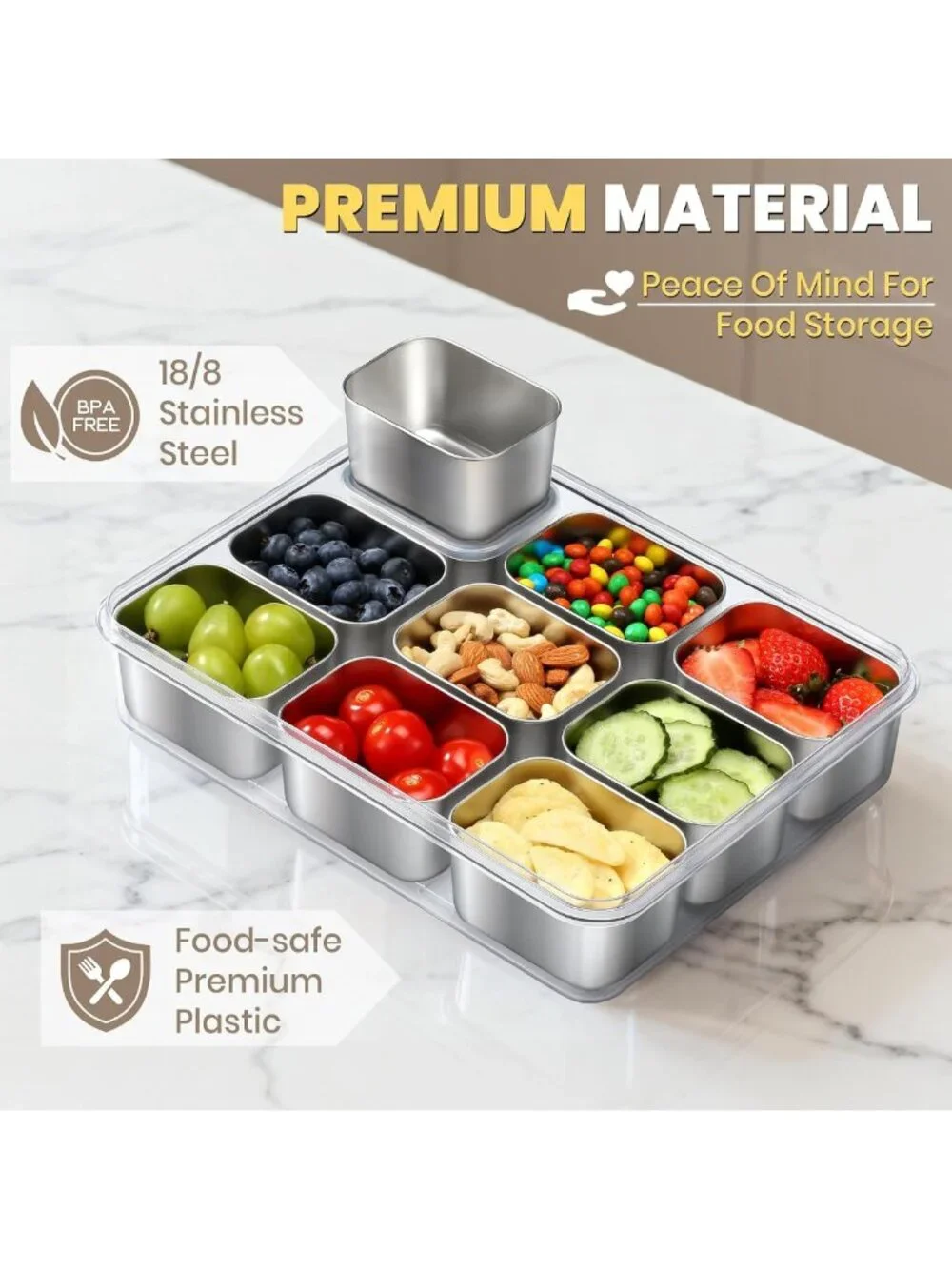 Portable Stainless Steel Snack Container with 9 Compartments & Lids - Perfect